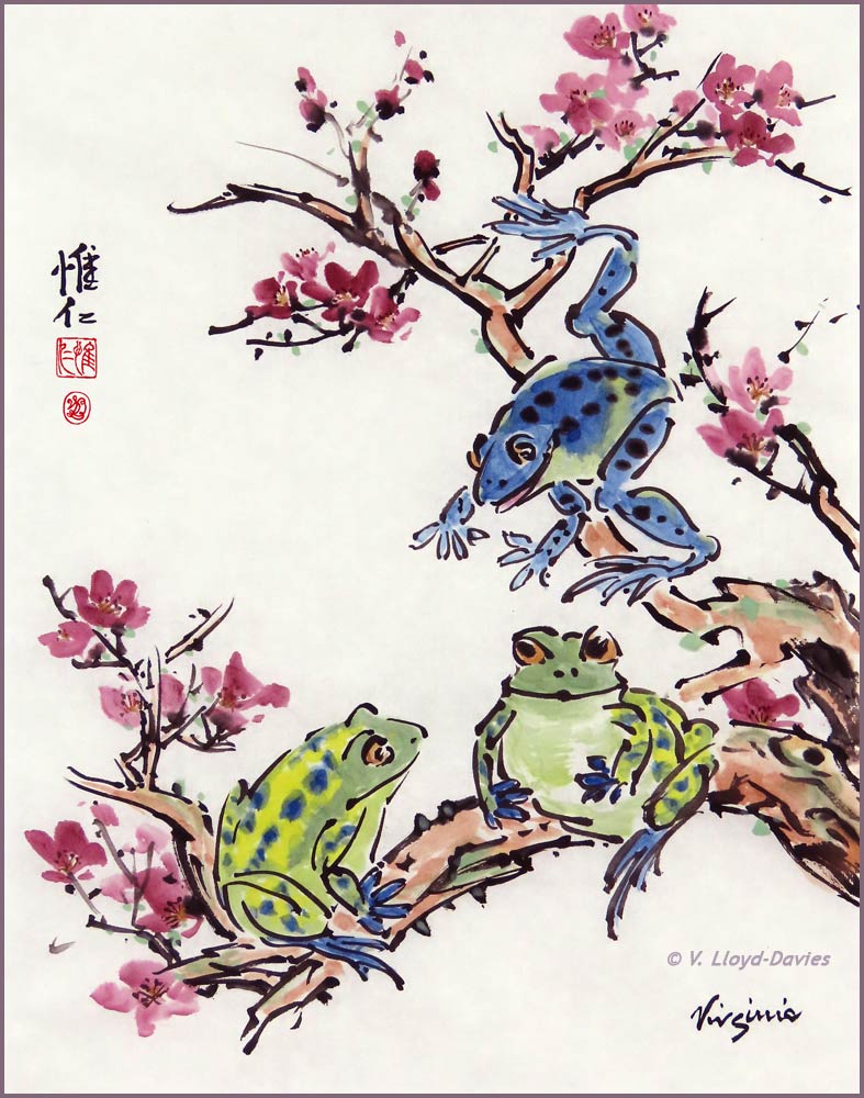 Blue frog an 2 green frogs on flowering plum