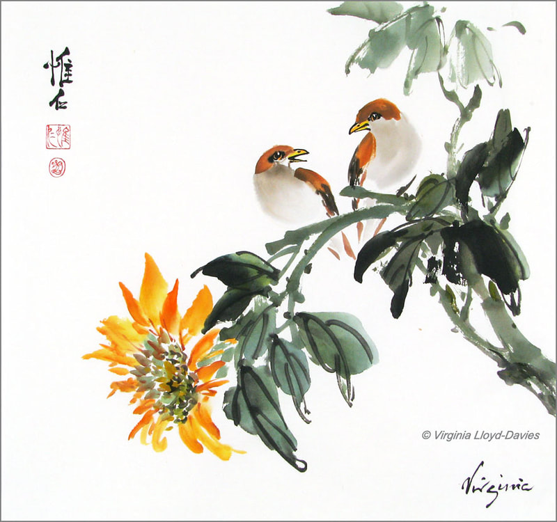 Orange sumi-e sunflower  with  two sparrows sitting on green branch on rice paper