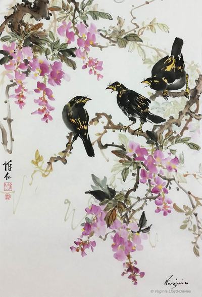 Chinese brush painting of three blackbirds squabbling in pink wisteria tree