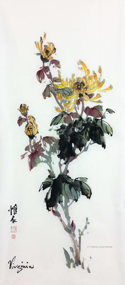 Chinese brush painting of yellow chrysanthemums